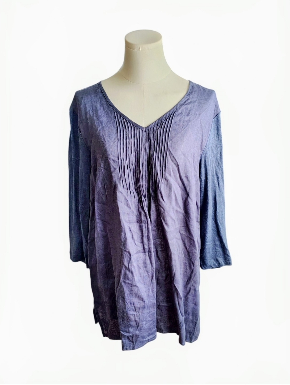 J Jill Linen 100% Blue Textured Three Quarter Sleeve Tunic Blouse Size Large